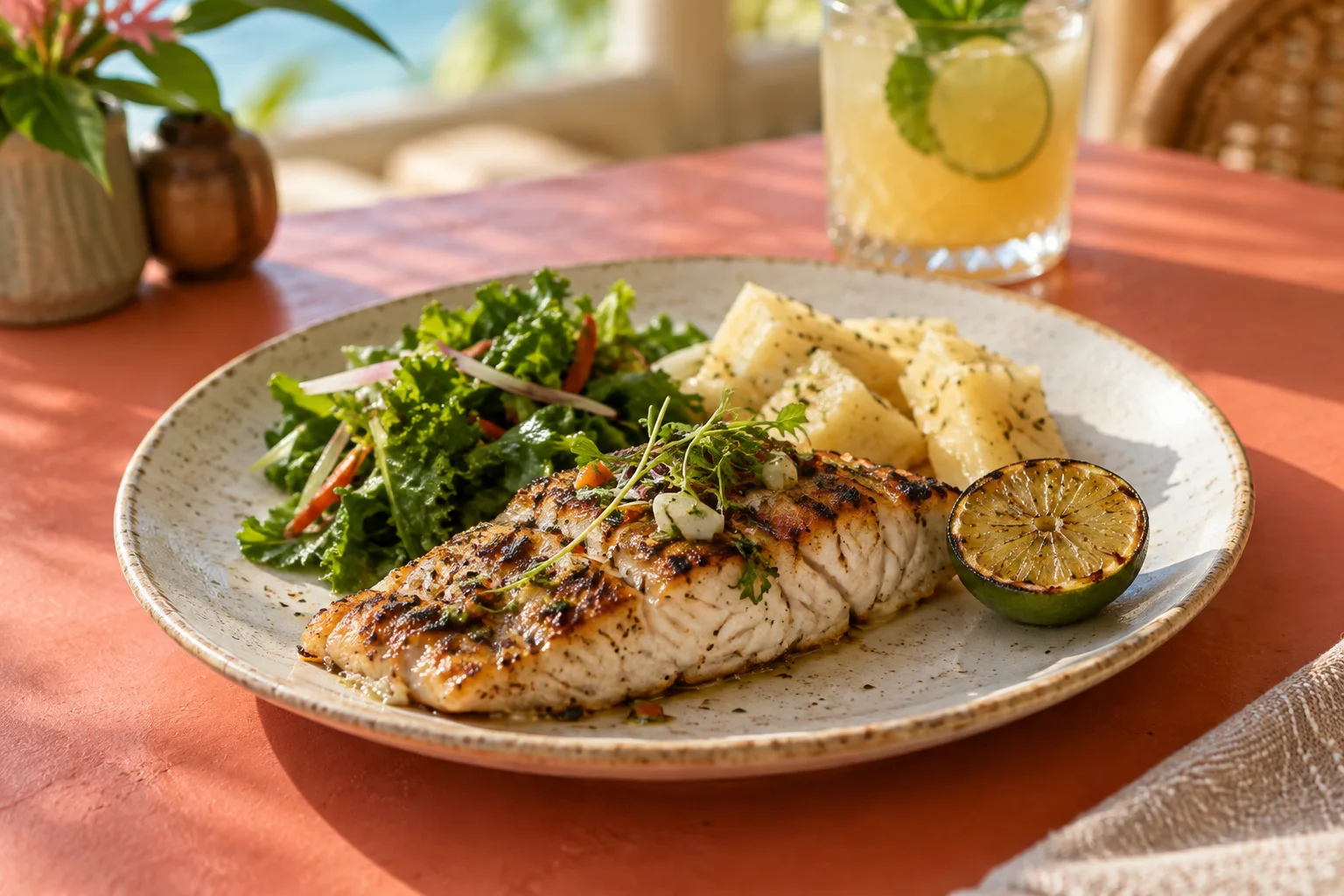 Illustrative grilled fish with lime and greens on a coral dining table