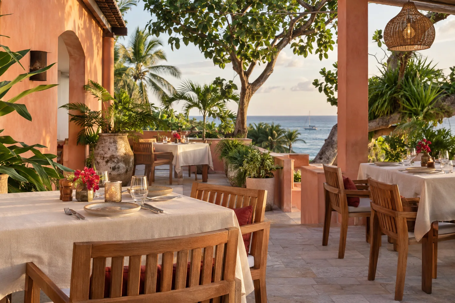 Illustrative coastal restaurant terrace with linen tables, tropical planting and warm coral walls