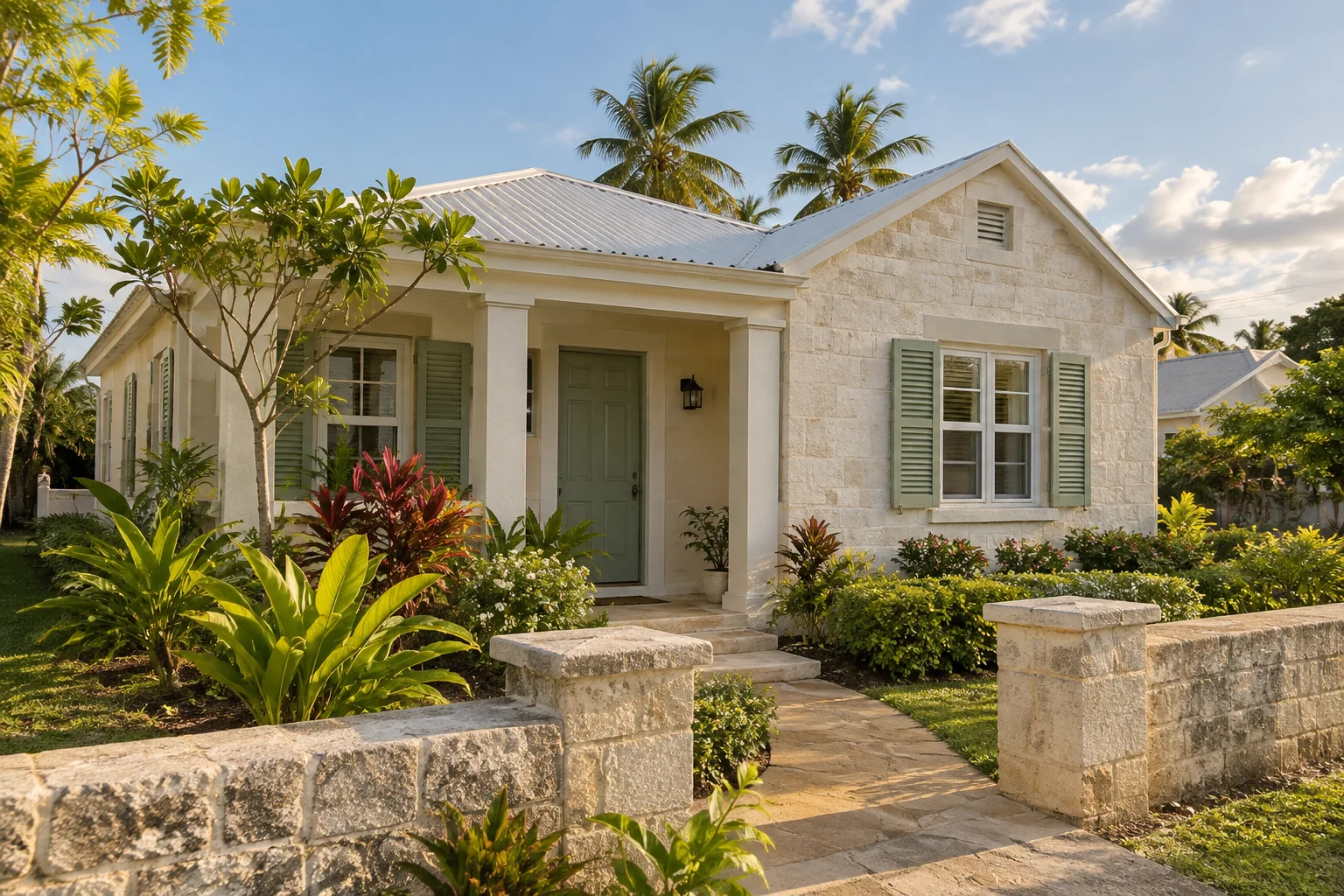 Illustrative well-maintained Barbados home with a tidy entrance and tropical garden