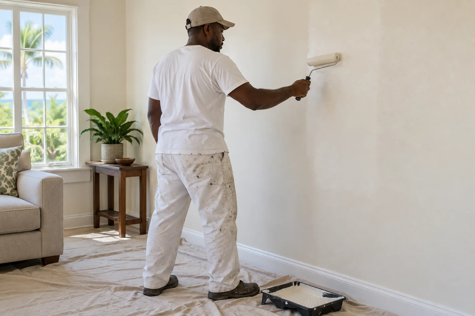 Illustrative property care professional painting a wall in a protected workspace