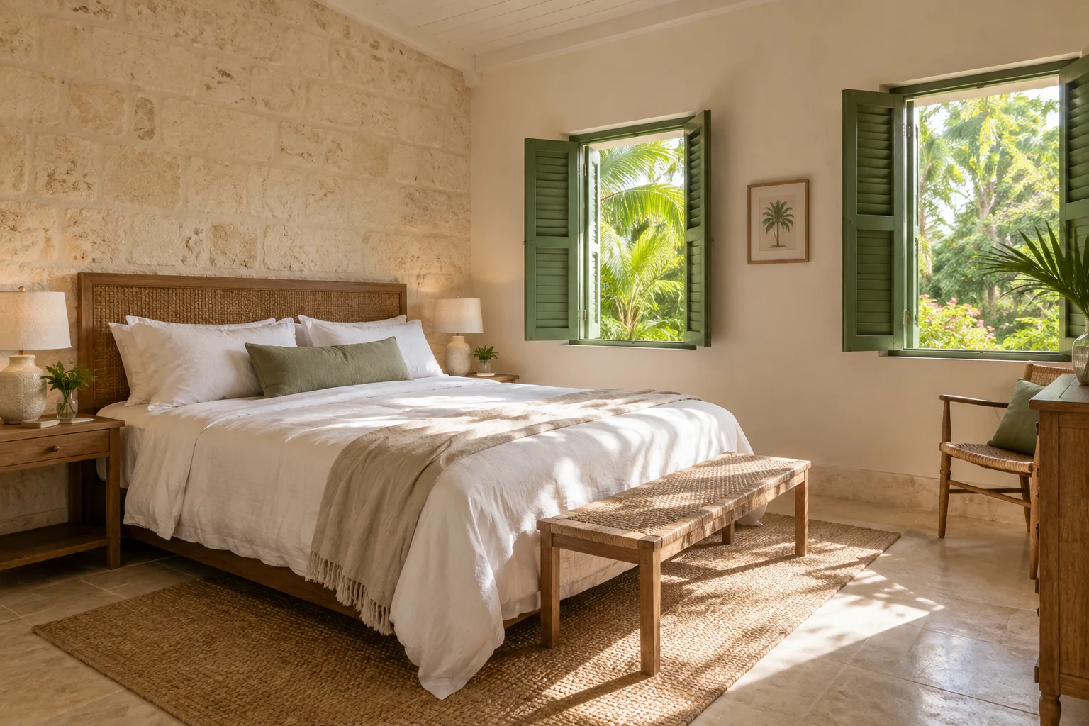 Illustrative guesthouse bedroom with white linen, woven furnishings and open shutters