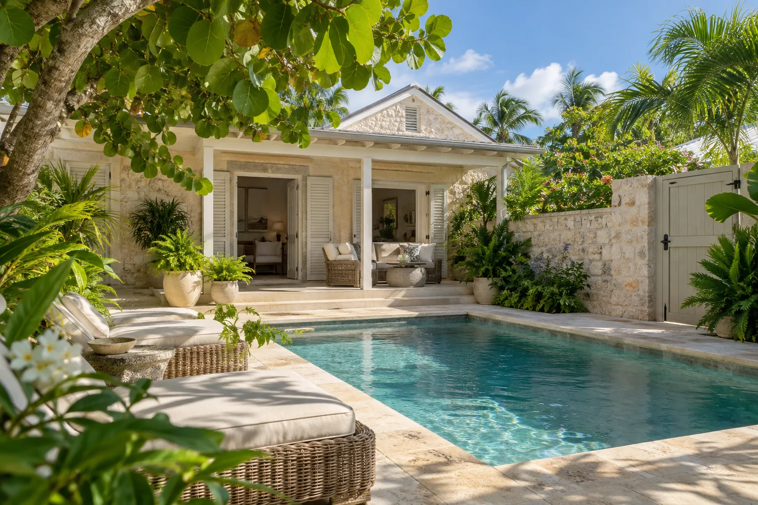 Illustrative Barbados guesthouse courtyard with tropical planting and a small pool