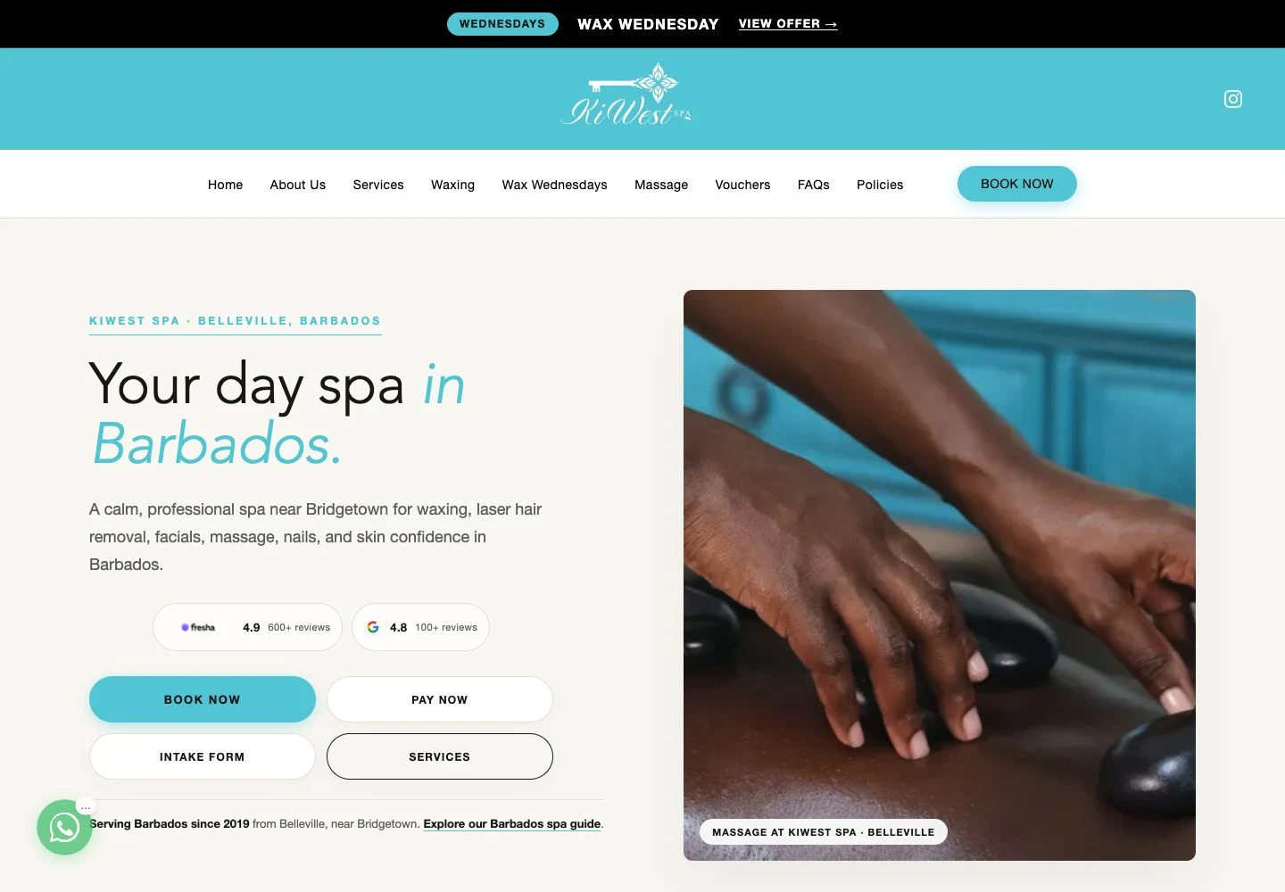 Actual desktop screenshot of KiWest Spa’s website, showing its Barbados spa homepage and booking route