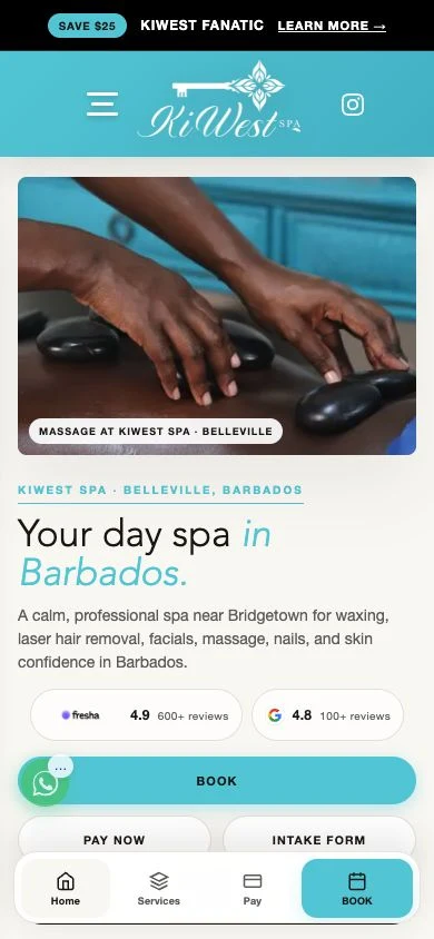 Actual mobile screenshot of KiWest Spa’s website, showing its Barbados spa homepage and booking route